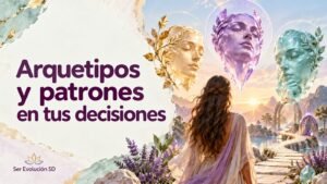 Mujer ante tres máscaras de cristal doradas, violetas y turquesas que representan distintas formas de actuar y decidir.