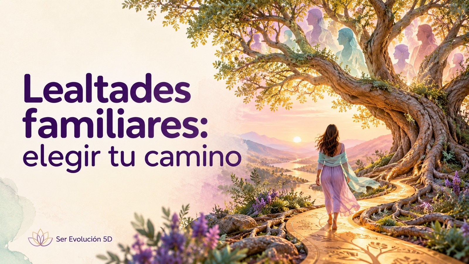 Mujer que recorre un camino luminoso junto a las raíces de un árbol con figuras de distintas generaciones entre sus ramas.
